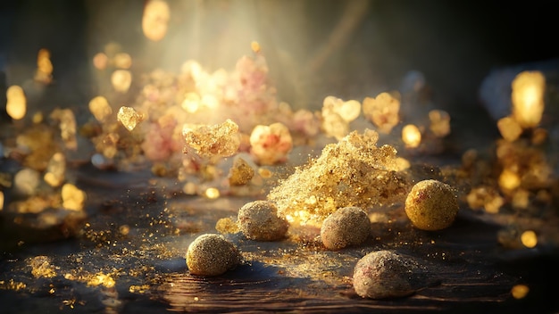 Sfondo di lusso con polvere d'oro sfondo sfocato effetti di luce bokeh illustrazione 3D Rendering ai