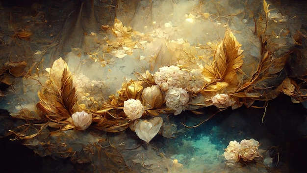 Sfondo di lusso da favola magica con effetti di luce di polline di fiori dorati Illustrazione 3D Rendering ai