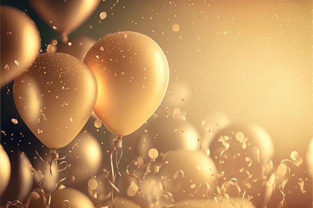 Sfondo di lusso festivo con palloncini gonfiabili dorati coriandoli sfondo sfocato con effetto bokeh Ai generato