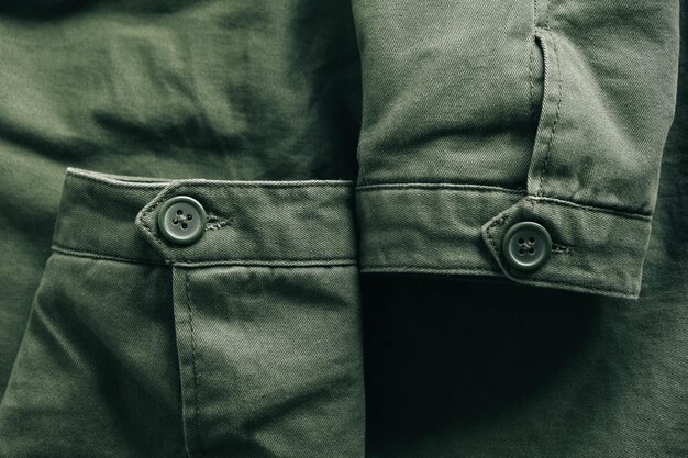 Sfondo di maniche pieghevoli di giacca verde e bottoni con linea di cucitura Dettaglio abbigliamento