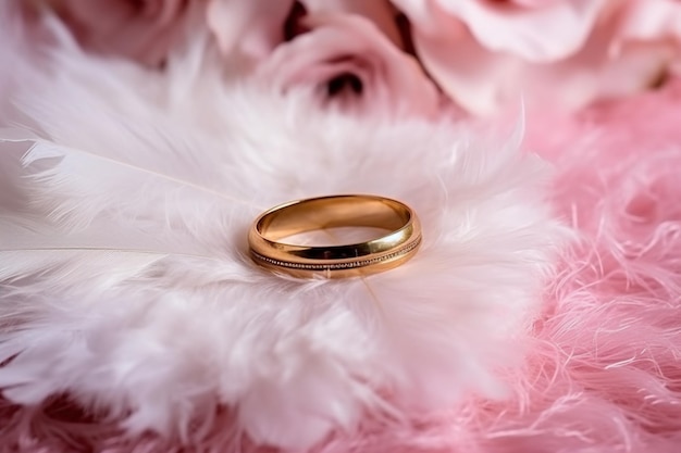 Sfondo di matrimonio con anelli d'oro Eustoma rosa fiore e piuma rosa chiaro