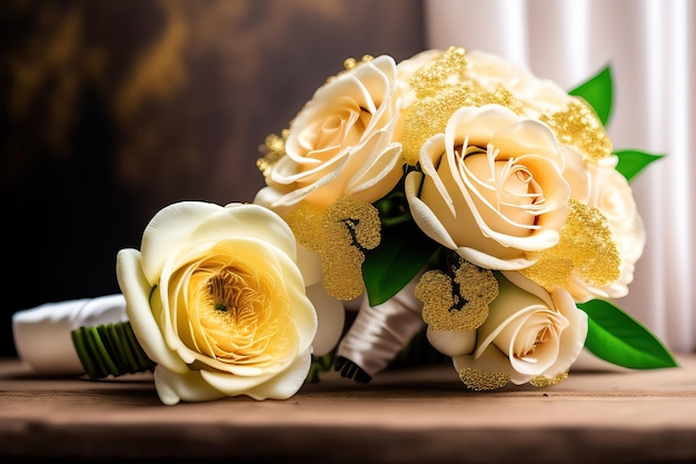 Sfondo di matrimonio romantico Bouquet da sposa di fiori Creme e ori morbidi e leggeri