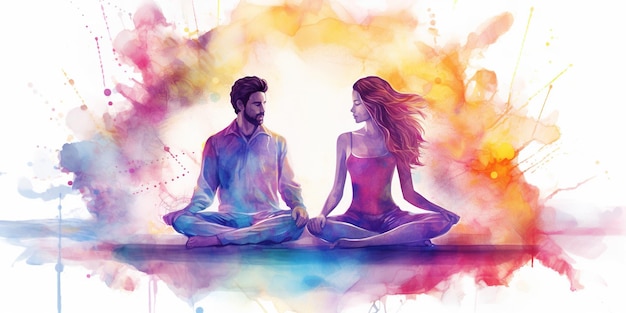 Sfondo di meditazione di coppia tranquilla che esplora i chakra prana la mente di Dio e la spiritualità attraverso una bella illustrazione ad acquerello AI Generative AI