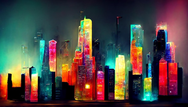 Sfondo di megapolis al neon con grattacieli di edifici Generativo Ai