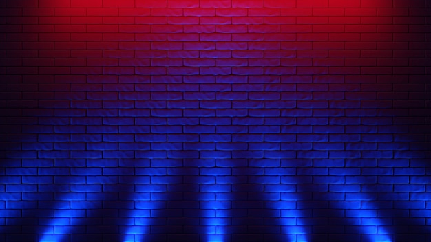 Sfondo di muro di mattoni, luce al neon. Illustrazione 3D