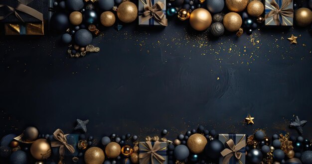 sfondo di Natale blu scuro con regali dorati, palle di Natale e stelle