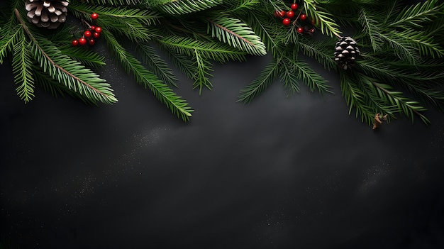 Sfondo di Natale con albero di Natale e pigne su sfondo nero Spazio per il testo