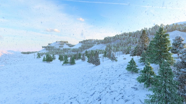 Sfondo di Natale con albero di pino e neve. Illustrazione rendering 3D