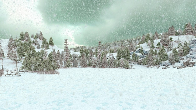 Sfondo di Natale con albero di pino e neve. Illustrazione rendering 3D