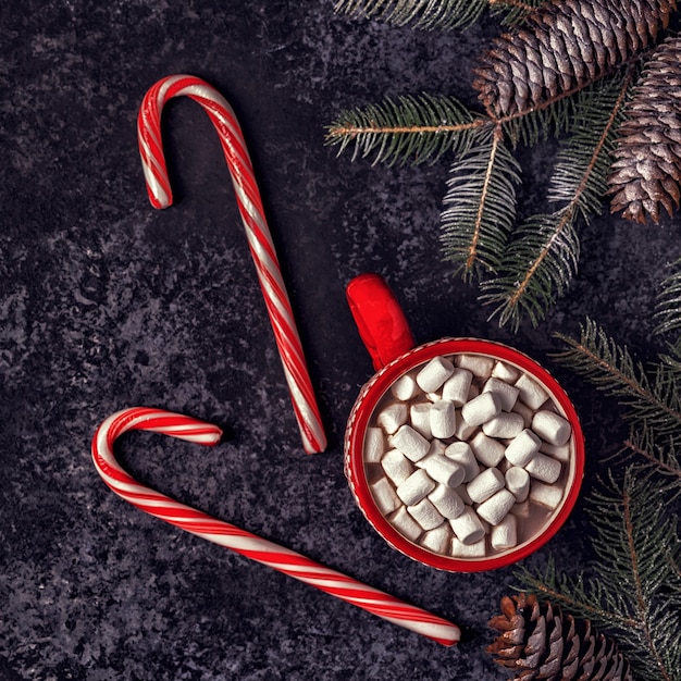 Sfondo di Natale con cioccolata calda e marshmallow