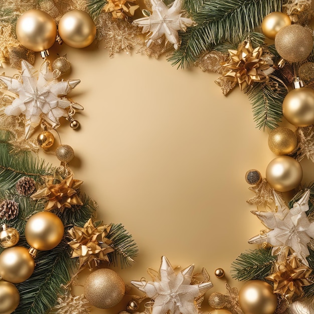 sfondo di Natale con cornice dorata sfondo di natale rami di albero di Natale palle dorate c