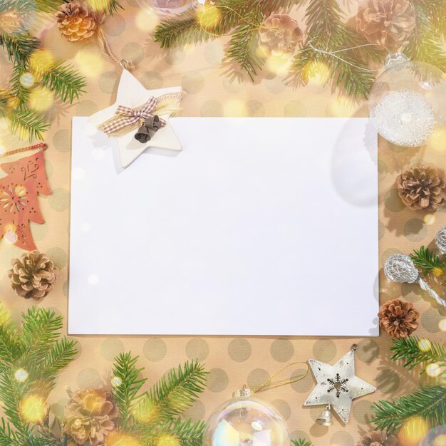 Sfondo di Natale con decorazioni su carta artigianale in stile rustico Con luci bokeh