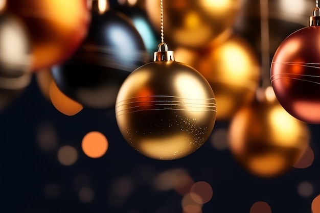 Sfondo di Natale con ornamenti di palle di Natale appesi con spazio di copia Decorazioni natalizie