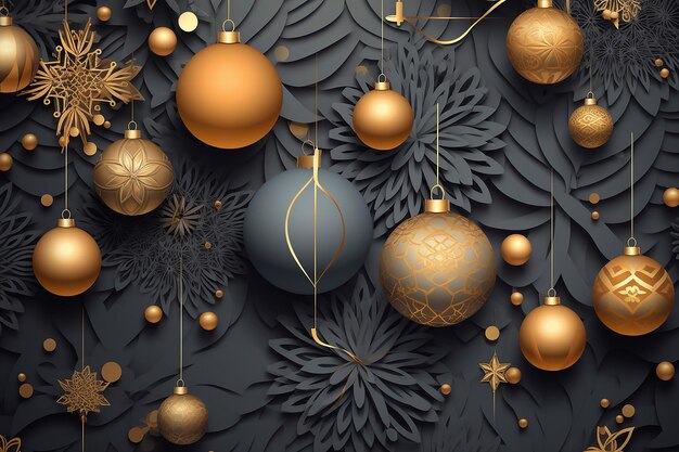 Sfondo di Natale con ornamenti natalizi in oro e nero Illustrazione di stile vettoriale