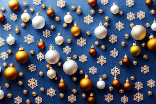 Sfondo di Natale con palline giocattolo, stelle di fiocchi di neve. illustrazione di rendering 3d. spazio vuoto per il testo