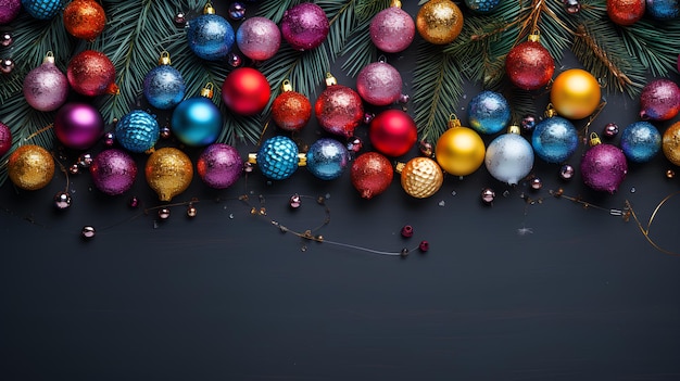 sfondo di Natale con rami di abete palle coni e decorazioni su nero
