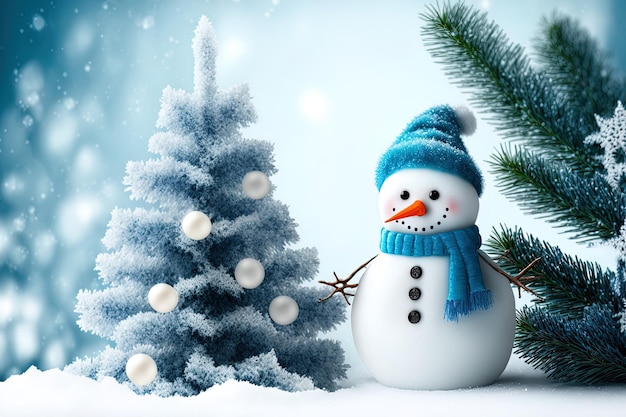 Sfondo di Natale con un pupazzo di neve blu e un albero peloso