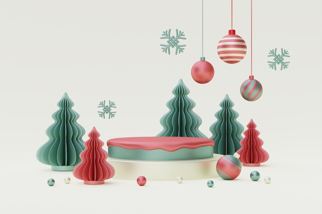 Sfondo di Natale e Capodanno con decorazioni natalizie in pino per l'esposizione di prodotti natalizi con copia spazio rendering 3d