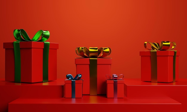 Sfondo di Natale e Capodanno Confezione regalo rossa 3d con sfondo rosso su rendering 3d