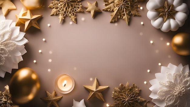 Sfondo di Natale e Capodanno Decorazioni fiocchi di neve, stelle e candele su sfondo marrone