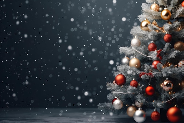 Sfondo di natale e capodanno Grande albero di natale decorato o albero di capodanno sopra il muro grigio con fiocchi di neve copia spazio Felice anno nuovo Celebrazione di buon Natale IA generativa