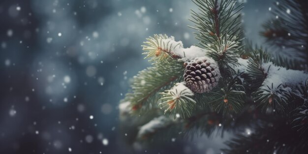 Sfondo di Natale o Capodanno Rami di albero di Natale con cono nella neve Bandiera della natura invernale