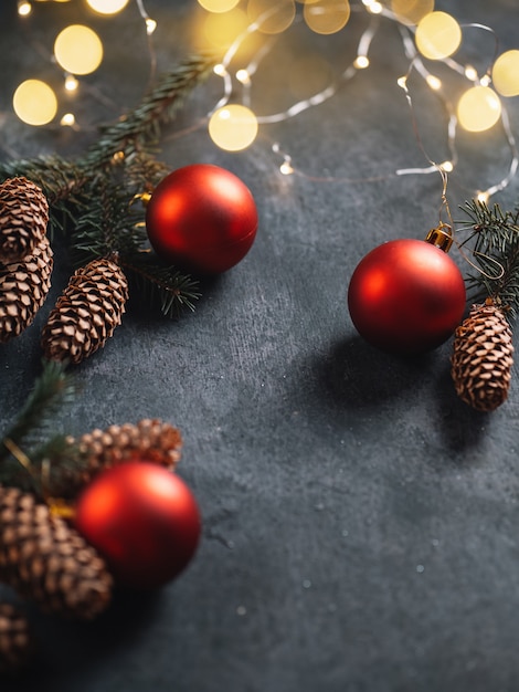 Sfondo di Natale. Rami di albero di Natale con coni su sfondo scuro, palline rosse, ghirlanda e spazio per le copie