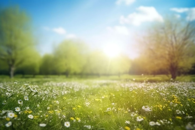 Sfondo di natura primaverile con alberi di radura in fiore e cielo blu in una giornata di sole in uno stile sfocato