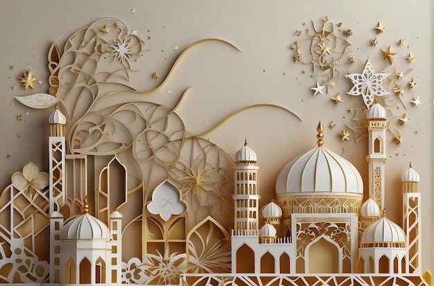 Sfondo di nuovo anno islamico in stile cartaceo con disegno arabo e stelle