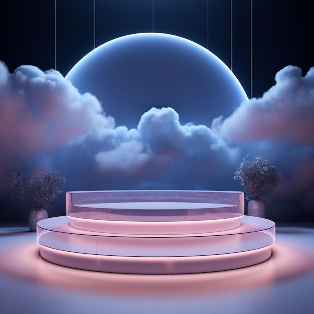 sfondo di nuvole del cielo con cornice incandescente al neon blu pastello anello bagliore luce palco podio