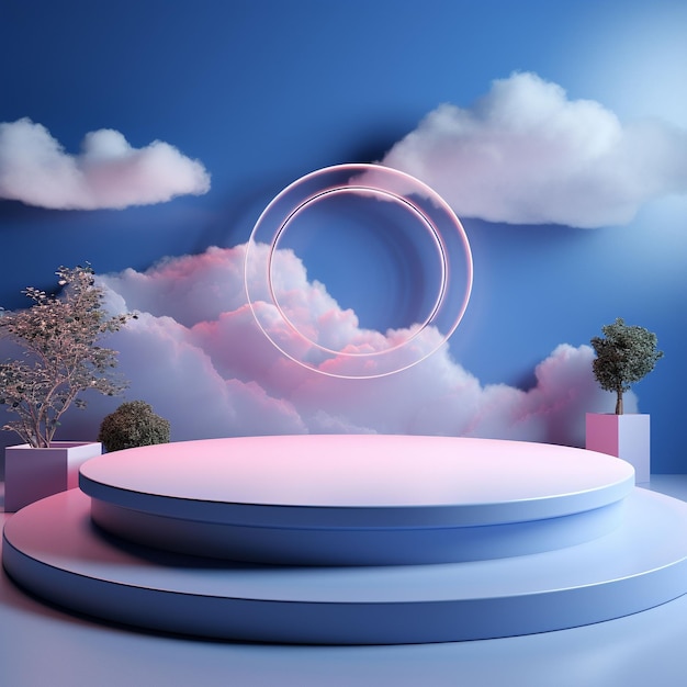 Sfondo di nuvole morbide illuminate con cornice incandescente al neon blu pastello anello bagliore palco podio leggero