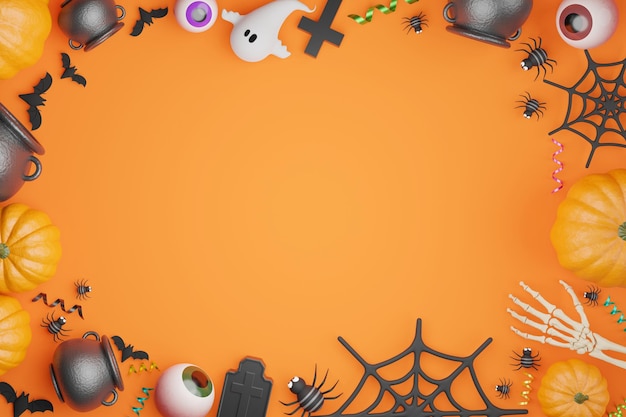 Sfondo di oggetti di Halloween. copia spazio. illustrazione 3d