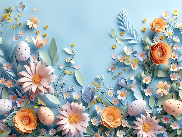 sfondo di Pasqua con fiori tagliati in carta copia lo spazio al centro carta tagliata artigianato design della carta di Pasqua
