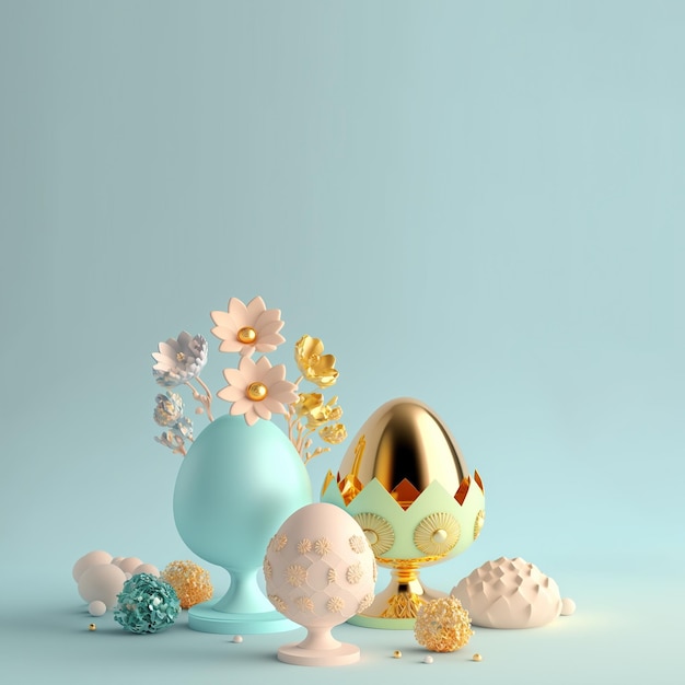 Sfondo di Pasqua felice con rendering 3D Uova di Pasqua e floreale