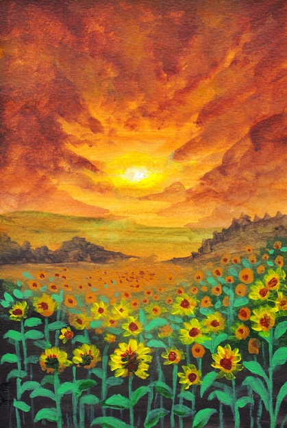 sfondo di pittura acrilica paesaggio al tramonto con giardino di girasole