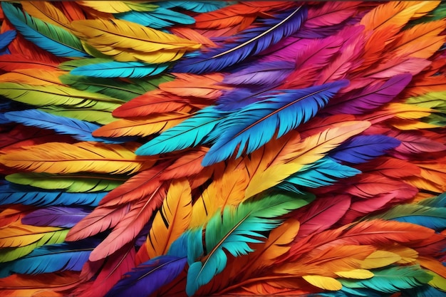 Sfondo di piume arcobaleno Sfondo di piume colorate arcobaleno Sfondo di piume multicolori Texture di piume colorate AI generativo