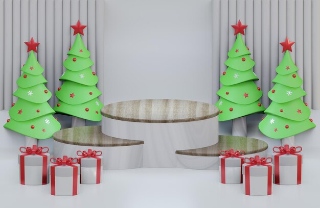 Sfondo di podio in legno di Natale con forma geometrica con illustrazione 3D di albero di pino e scatola regalo