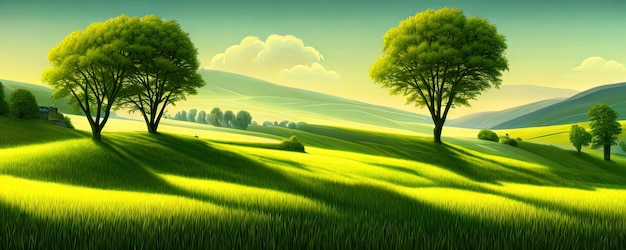 Sfondo di primavera Alberi di prato verde Fumetto illustrazione del paesaggio della valle bella estate con cielo blu verde