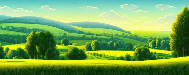 Sfondo di primavera Alberi di prato verde Fumetto illustrazione del paesaggio della valle bella estate con cielo blu verde