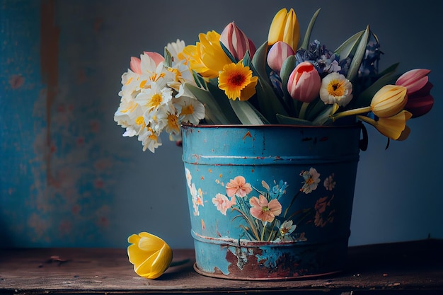 Sfondo di primavera soleggiato con un secchio di fiori di campo AI generativa