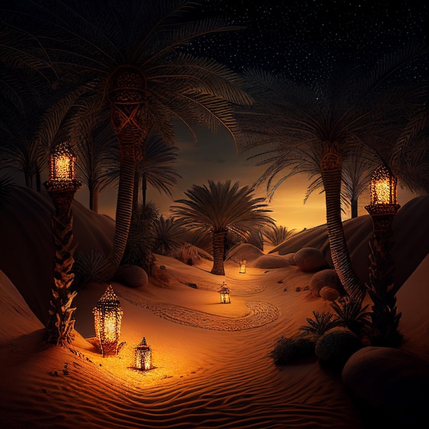 Sfondo di Ramadan con stelle di luna lampada e moschea