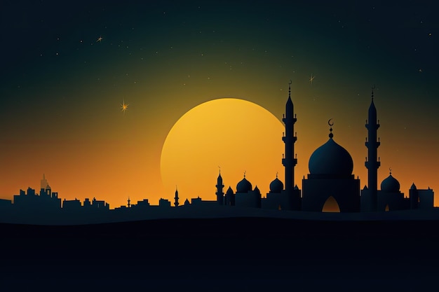 Sfondo di Ramadan Kareem con moschea e tramonto Illustrazione vettoriale Ramadan Kareem sfondo con moschia e mezzaluna Illustrazione vettoriale generata da AI