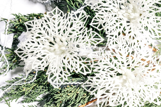 Sfondo di rami di albero di Natale con fiocchi di neve bianchi. Close-up di rami di abete.