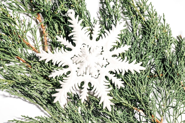 Sfondo di rami di albero di Natale con fiocchi di neve bianchi. Close-up di rami di abete.