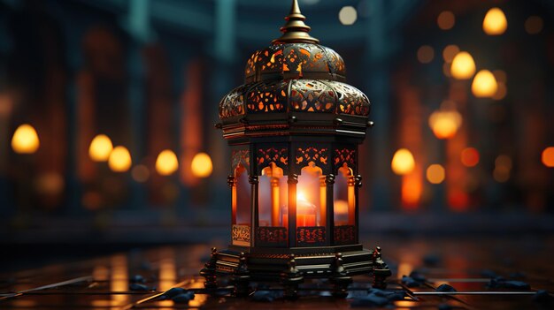 Sfondo di rendering 3D con podio lanterna araba ed elementi celebrativi islamici con spazio vuoto