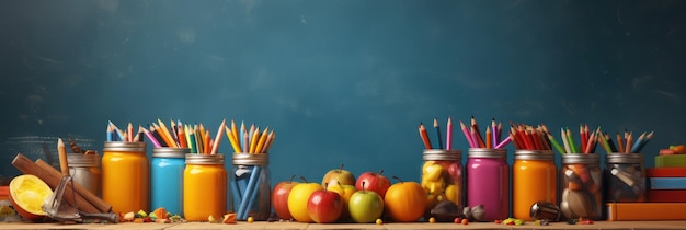 Sfondo di ritorno a scuola con materiale scolastico e cancelleria creato con Ai