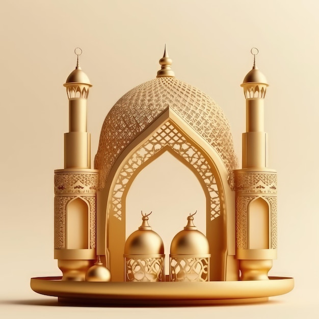 Sfondo di saluto del Ramadan islamico con graziosi ornamenti 3D Moschea e Mezzaluna islamica