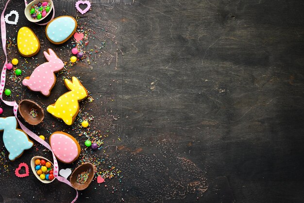 Sfondo di saluto di Pasqua Biscotti di pan di zenzero di Pasqua e uova colorate decorative su sfondo marrone Spazio per la copia gratuita di vista dall'alto