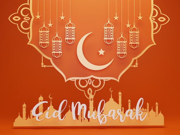 Sfondo di saluto islamico Ramadan Kareem con moschea d'oro 3d Podio lanterna e ornamenti a mezzaluna
