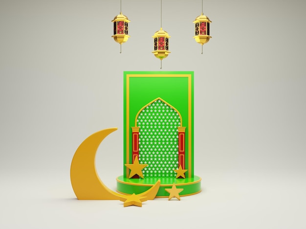 Sfondo di saluto islamico Ramadan Kareem con moschea d'oro 3d Podio lanterna e ornamenti a mezzaluna